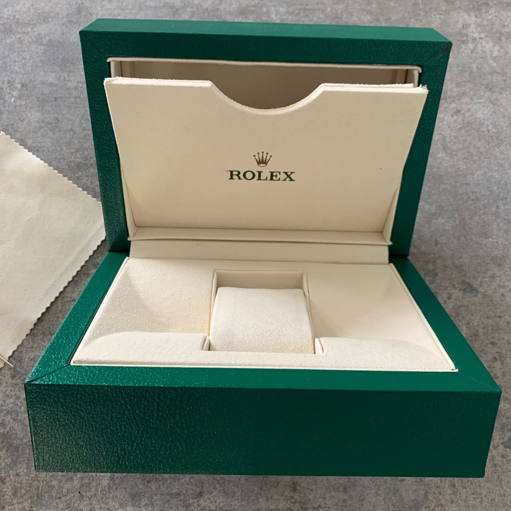 Vintage Rolex Green Watch Box with Cream Interior and logo outer box
